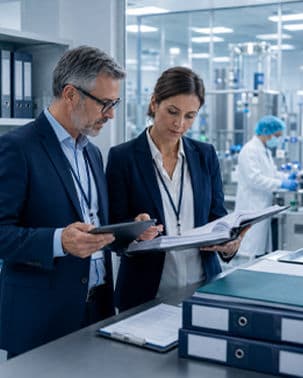 Regulatory affairs team reviewing documentation in a lab