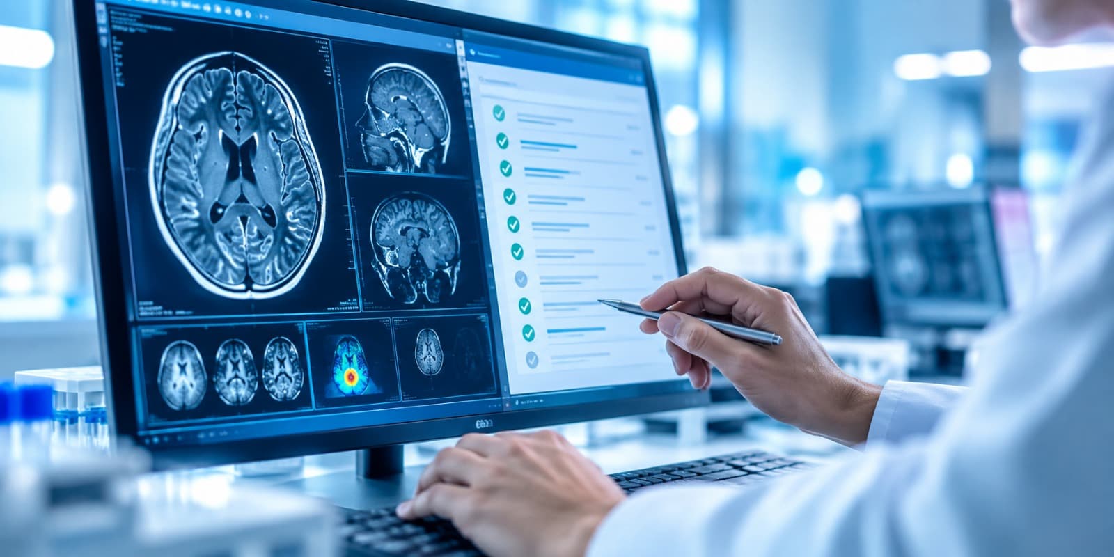 A clinician reviewing brain MRI scans and endpoint data on a monitor